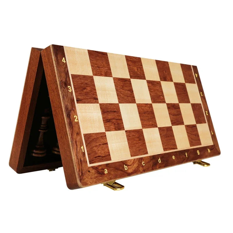Large Foldable Top Grade Walnut Wooden Chess Set - Hand-Knotted Solid Wood Pieces Classic Boardgame Gift for Children & Adults
