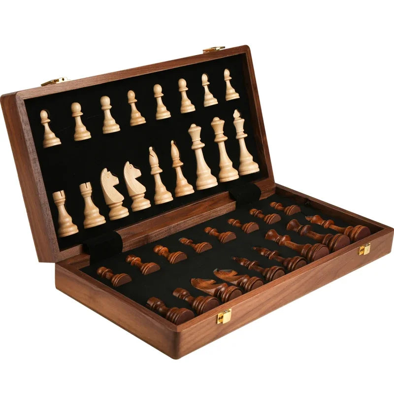 Large Foldable Top Grade Walnut Wooden Chess Set - Hand-Knotted Solid Wood Pieces Classic Boardgame Gift for Children & Adults