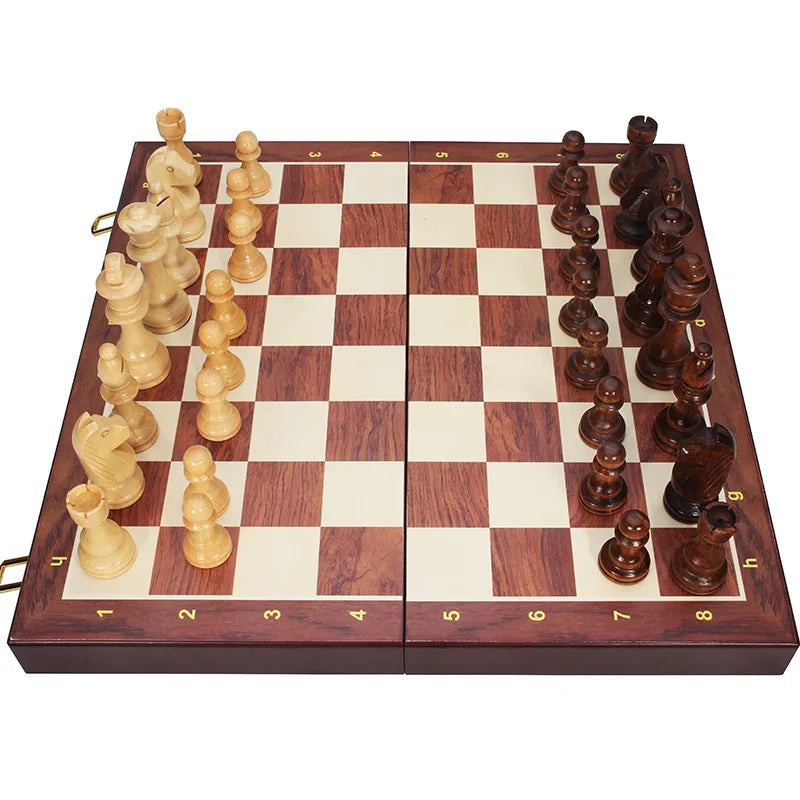 Large Foldable Top Grade Walnut Wooden Chess Set - Hand-Knotted Solid Wood Pieces Classic Boardgame Gift for Children & Adults