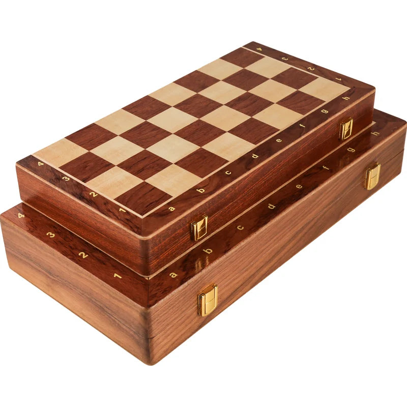 Large Foldable Top Grade Walnut Wooden Chess Set - Hand-Knotted Solid Wood Pieces Classic Boardgame Gift for Children & Adults