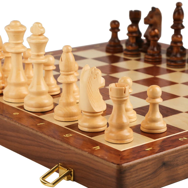 Large Foldable Top Grade Walnut Wooden Chess Set - Hand-Knotted Solid Wood Pieces Classic Boardgame Gift for Children & Adults