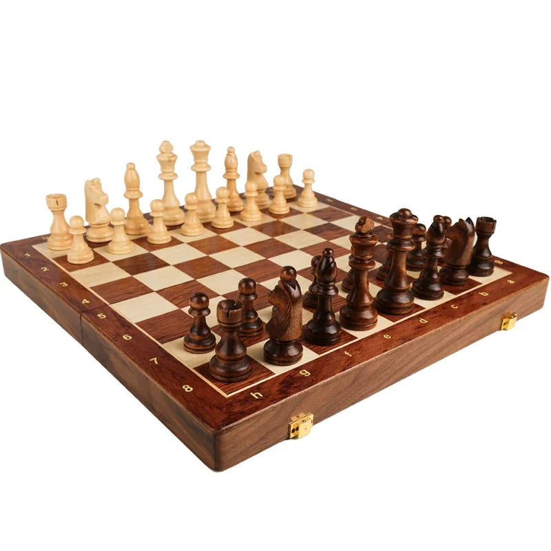Large Foldable Top Grade Walnut Wooden Chess Set - Hand-Knotted Solid Wood Pieces Classic Boardgame Gift for Children & Adults